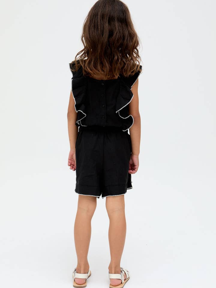 Raffya - Wholesale Jumpsuit - Kids - Kids Philo Ruffle Neck Embroidered Playsuit In Black