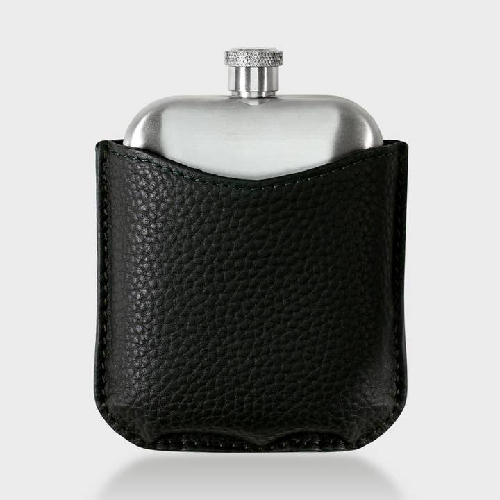 Stainless Steel Hip Flask With Pebble Grain Leather Sleeve - Green for wholesale by Acorn and Hide