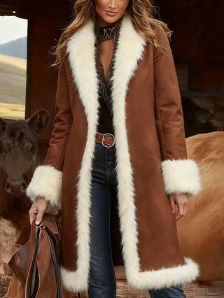 Western Vintage Faux Fur Warm Long Coat In Brown for wholesale on Faire
