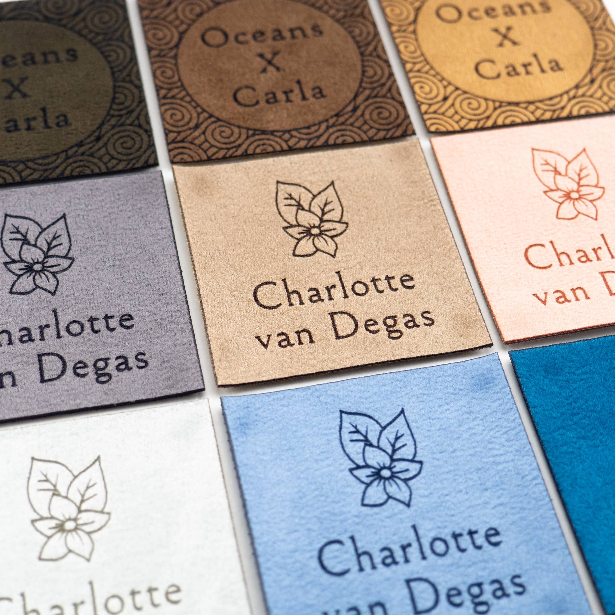 minimize custom tags - Wholesale Knitting/Crochet Supplies - Custom Square Faux Suede Labels for Branding and Promo2