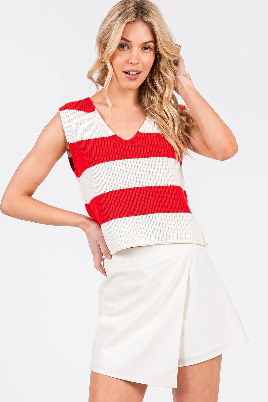 mittoshop - Wholesale Sweater Vest - Women's - STRIPED V-NECK CROPPED SWEATER VEST TOP15