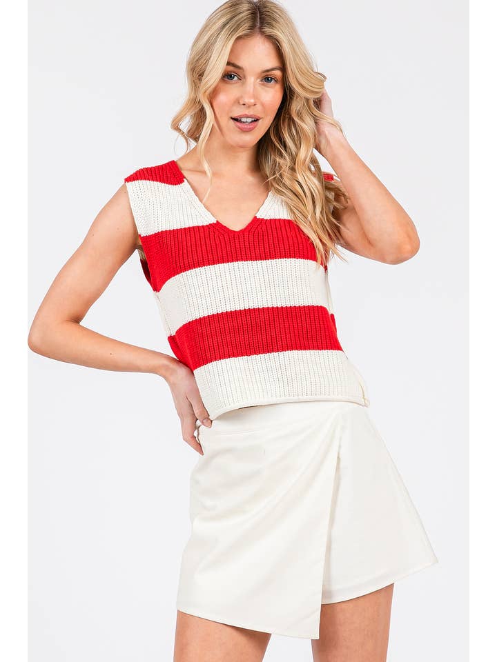 mittoshop - Wholesale Sweater Vest - Women's - STRIPED V-NECK CROPPED SWEATER VEST TOP15