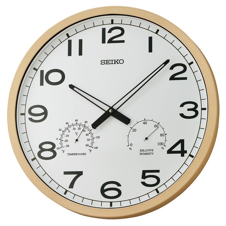 20" Oversized Seiko Ondo Wall Clock/ Thermometer, Lt. Brown for wholesale by Seiko Clocks USA