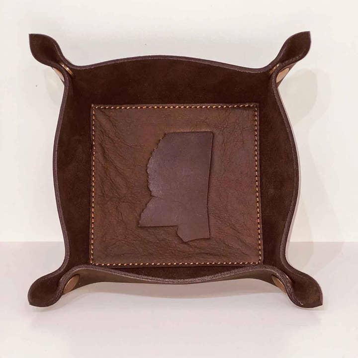 Mississippi Leather Embossed Valet Tray Dark Brown 8x8 for wholesale by The Royal Standard