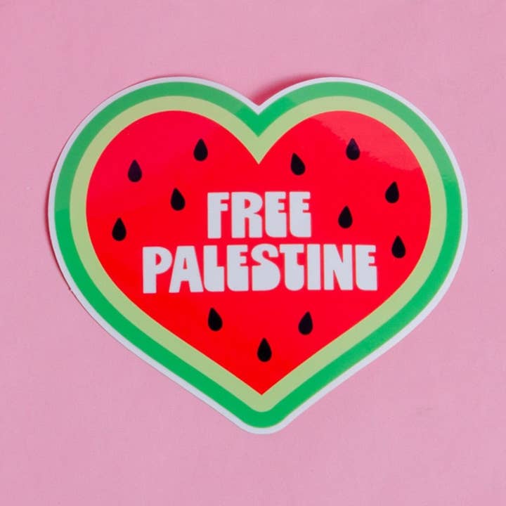 Free Palestine Watermelon Heart Sticker 4 x 3.5" for wholesale by Yikes Design