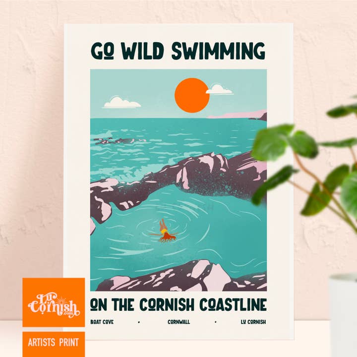 Go Wild Swimming Vintage Cornwall Travel Poster for wholesale by Lu Cornish