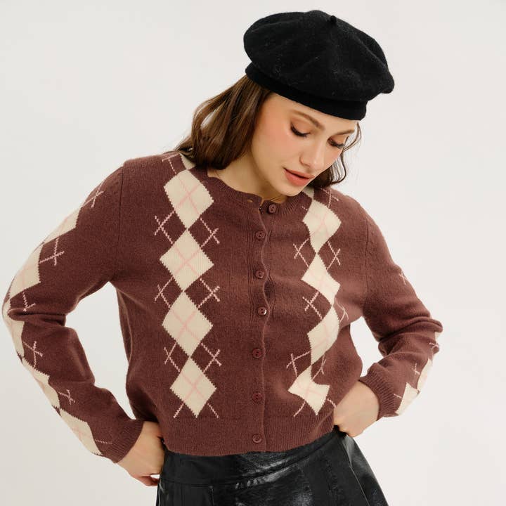 CARDIGAN ARGYLE EN INTARSIA CHIC NOSTALGIE AVEC FAUX CACHEMIRE pour la vente par idem ditto