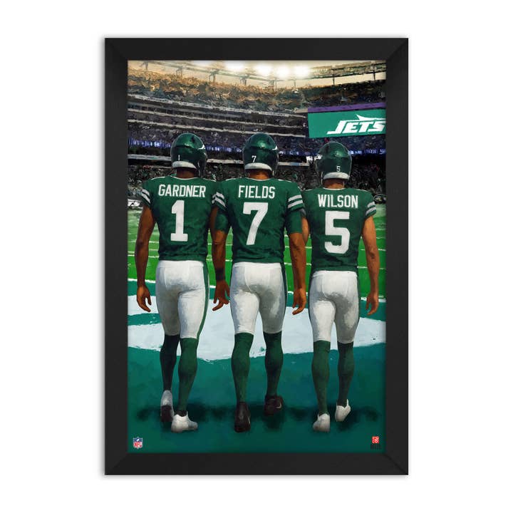 NFL NEW YORK JETS 14"X20" FRAMED ART THREE PLAYER PRINT 2025 for wholesale by Sporticulture