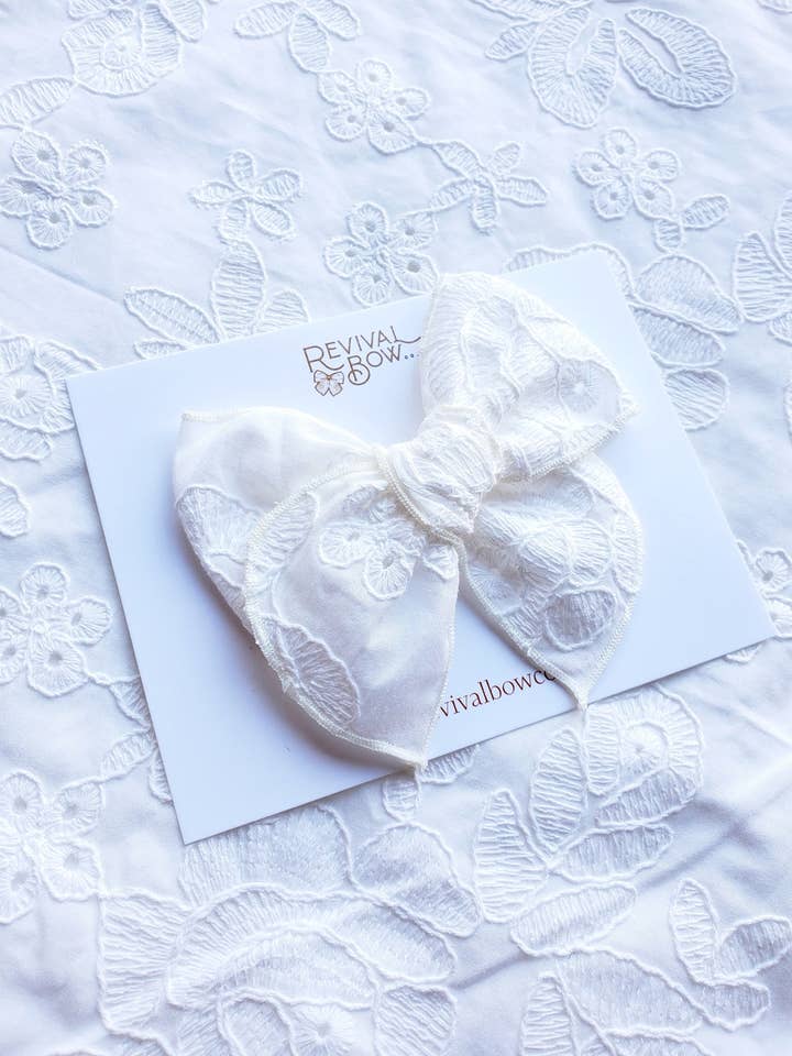 Fable Bow Clip • White Embroidered Floral for wholesale by Revival Bow Co.
