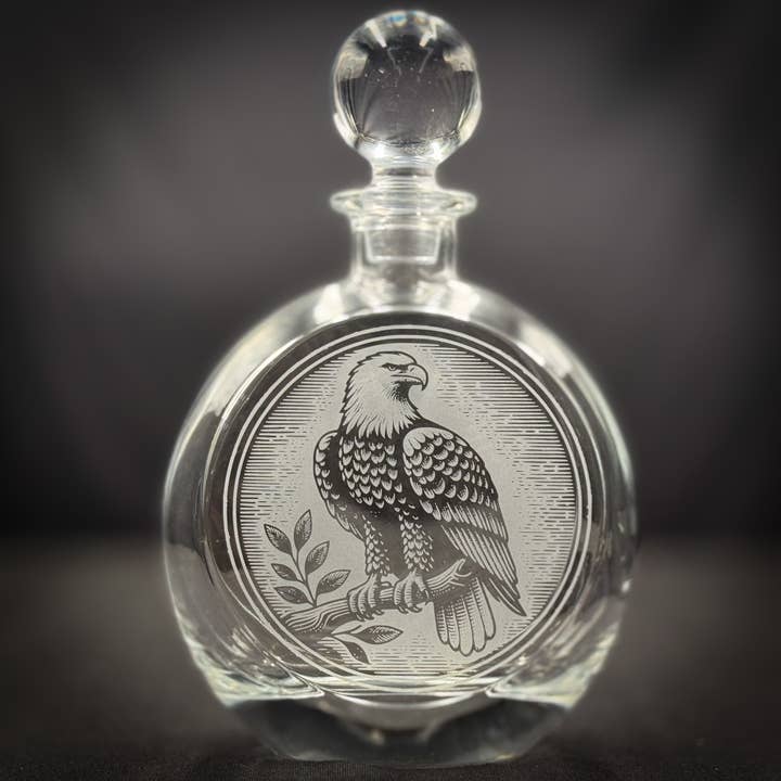 Eagle Perched - 750mL Flat Round Glass Decanter for wholesale by Adirondack Etching LLC