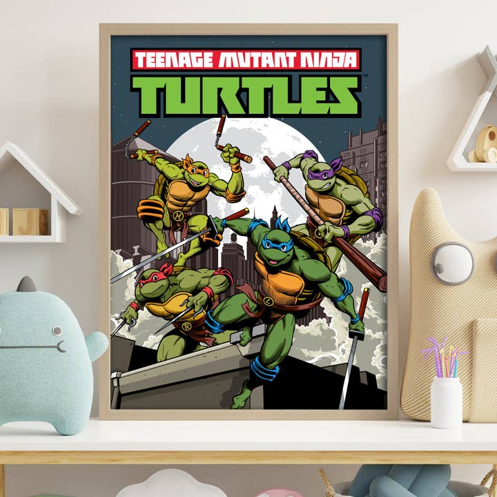 Impression Tortues Ninja - Affiche de Groupe sur le Toit au Clair de Lune Monde des TMNT Art Mural pour la vente par Themed