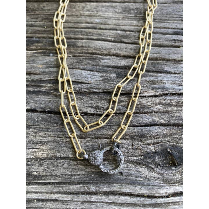 Matte Gold Paperclip Chain Necklace with Pave Diamond Clasp for wholesale by ILISSA MICHELE JEWELRY