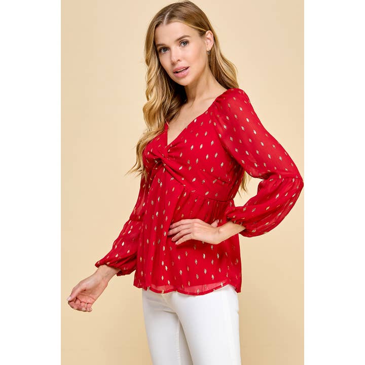 RED GOLD FOIL DOT CHIFFON LONG SLEEVE TWIST BODICE TOP T8262110F for wholesale on Faire
