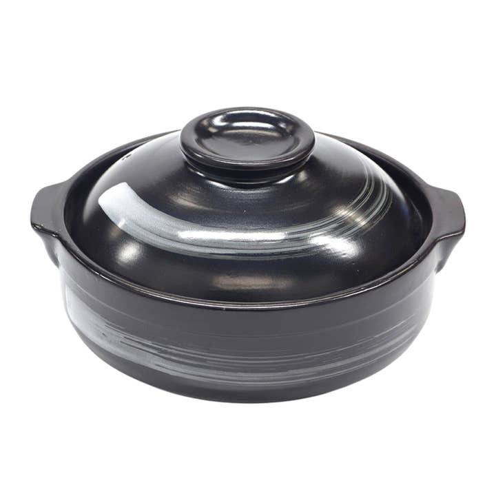 90fl oz 12"D x 6"H Claypot With Lid Black Brushstroke Design (1/4) for wholesale by Urban Tokyo