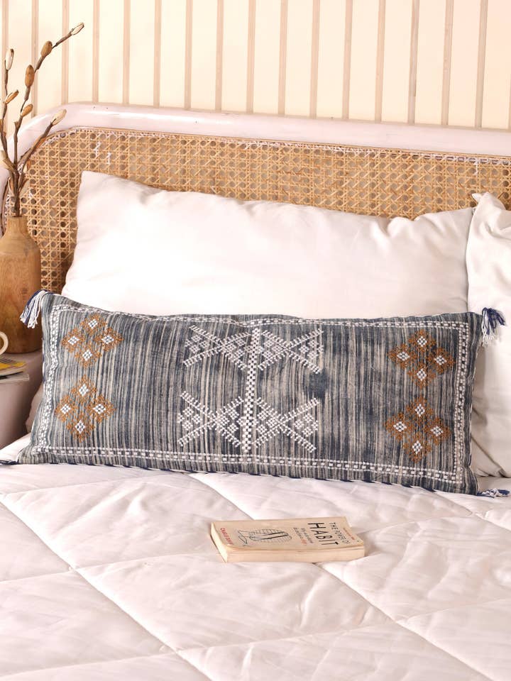 Blue Embroidered 12X28" Lumbar Body Pillow Cover for Boho De for wholesale by Eyda Homes