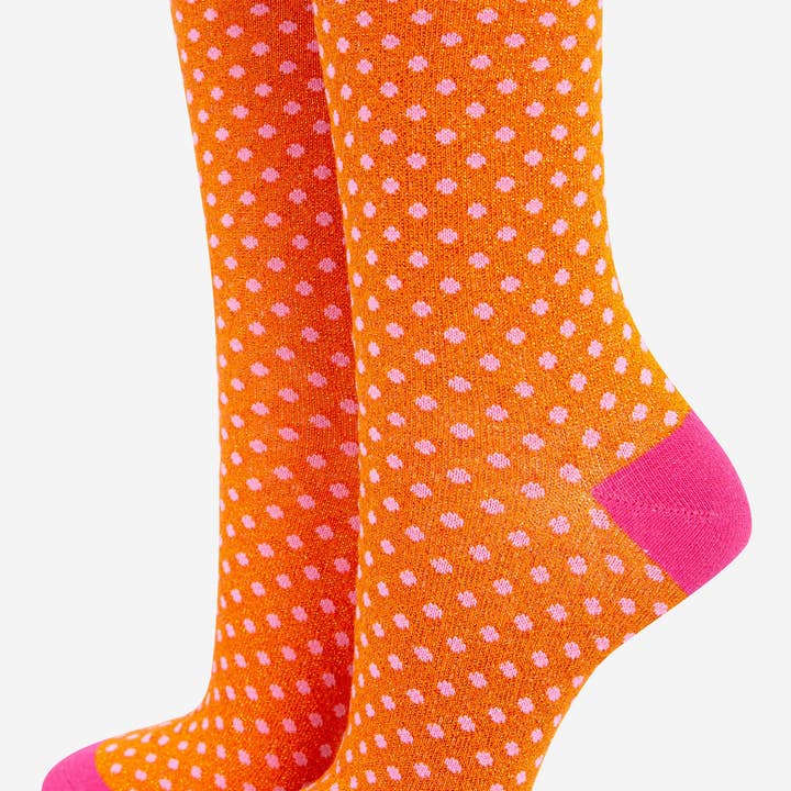 Calcetines de algodón con purpurina para mujer con lunares en naranja y rosa para venta al por mayor de Sock Talk