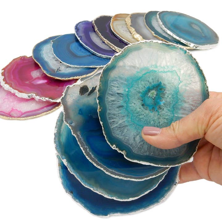 Rock Paradise - Wholesale Coasters - Set of 4 Agate Crystal Coasters Gold /Silver Electroplated 6
