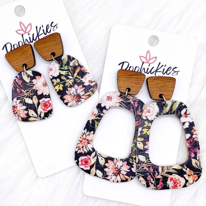 Doohickies – wholesale Dangle earrings – Cherry Wood & Dahlia Black Floral Bell Collection -Earrings1