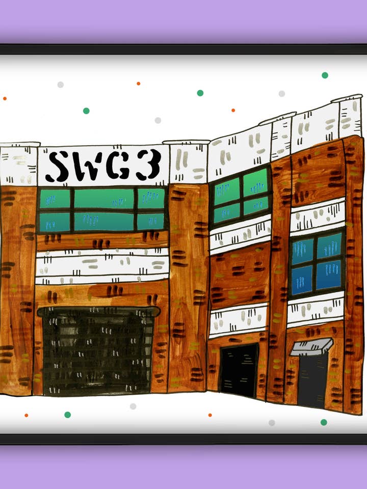 SWG3 Glasgow Music Venue Illustration Print for wholesale by Claire Barclay Draws