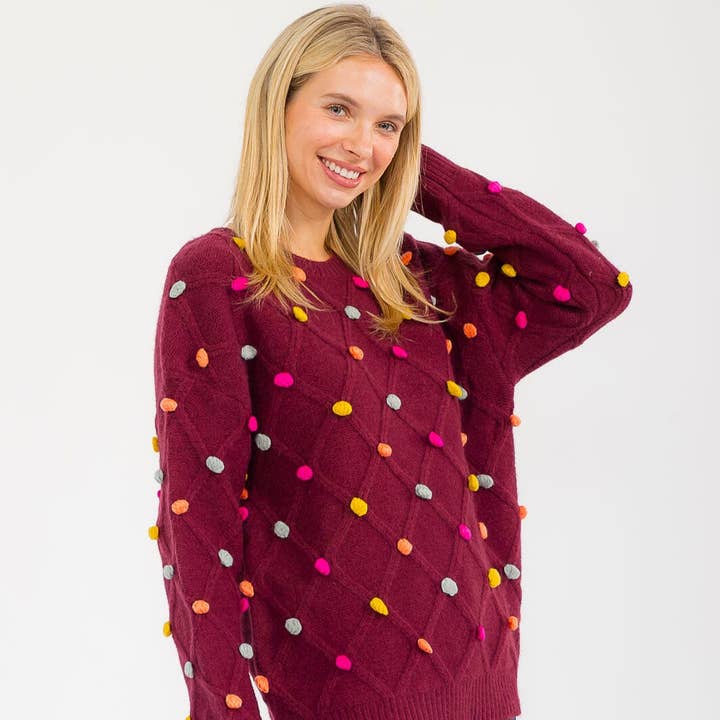T21275- Multicolor pom-pom accent knit sweater for wholesale by IWT Brands