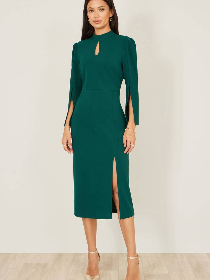 Yumi Green Fitted Midi Dress With Flute Sleeves for wholesale by Yumi