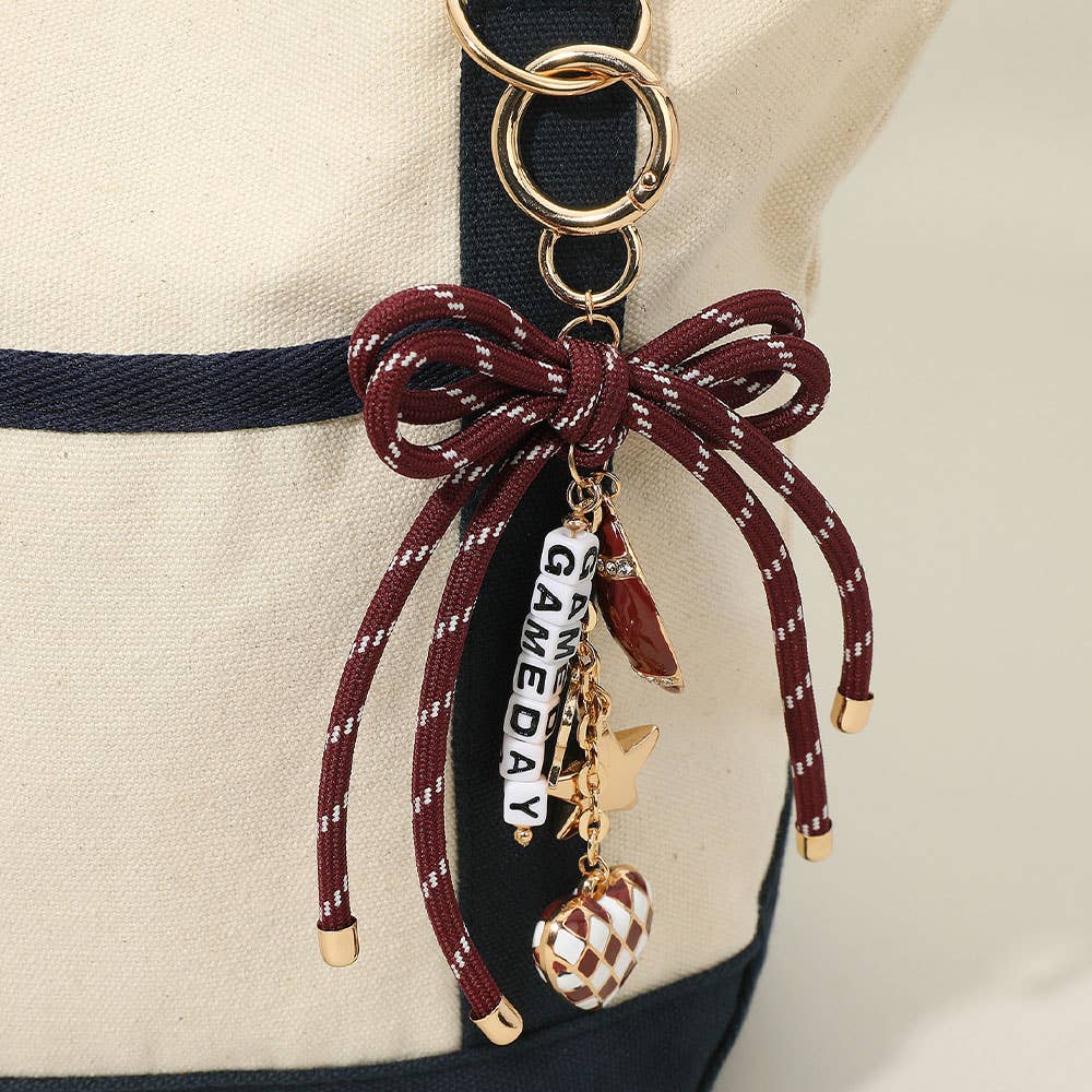 Boho Grow Studio - Wholesale Keychain - Women's - Football CRIMSON & WHITE GAMEDAY Bag Charm Beaded Keychain1