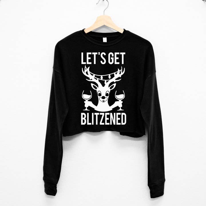Nobullwoman Apparel - Wholesale Graphic Sweatshirt - Women's - Let's Get Blitzened Wine Cropped Ugly Christmas Sweater