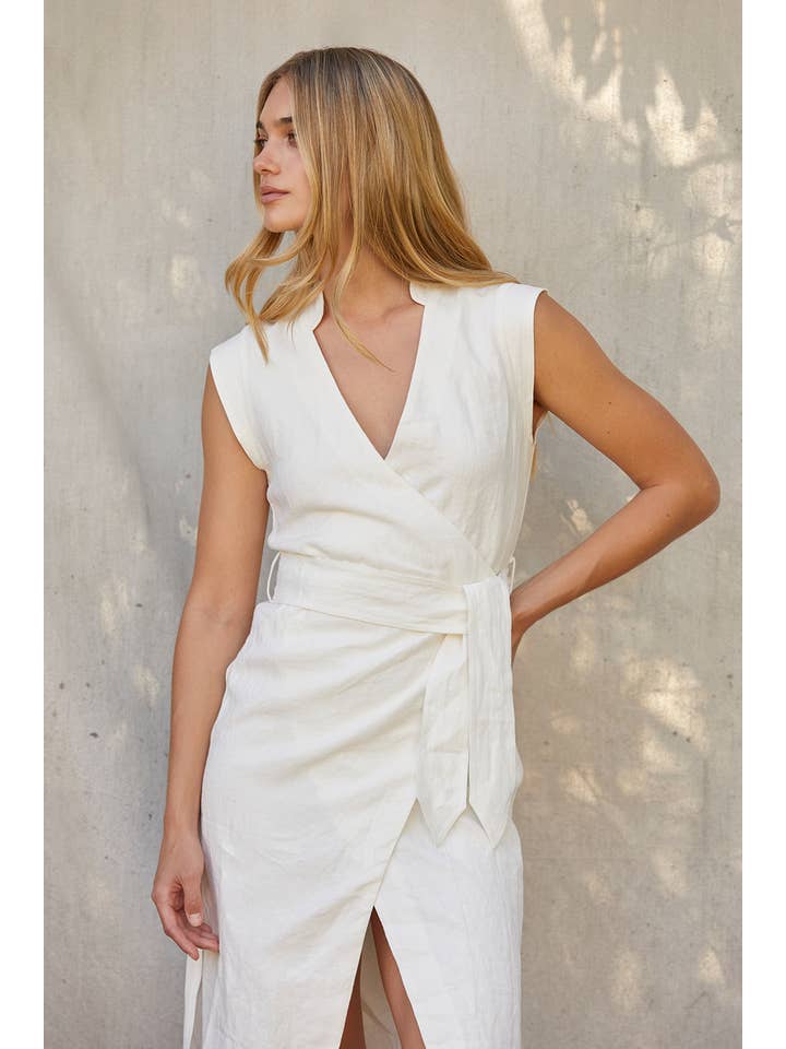 WHITE CD9403 - Lelina Wrap Linen Midi Dress for wholesale on Faire