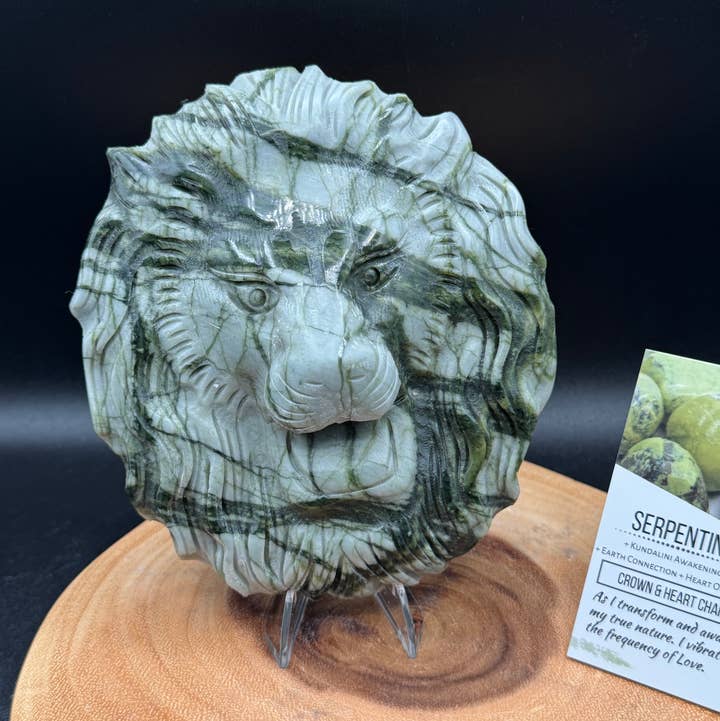 6 1/2" Serpentine Leo Lion head carving w/ stand H77 for wholesale by The 7 Directions