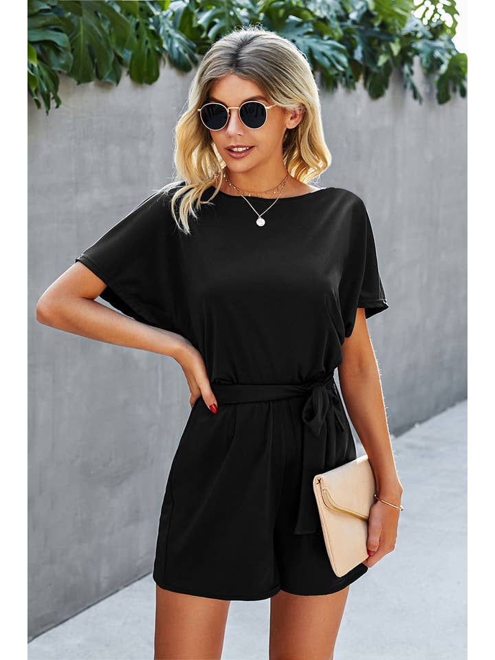 Supreme Fashion - Wholesale Romper - Women's - Boat Neck Short Sleeve Waist Tie Loose Romper