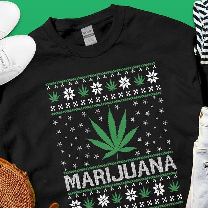 Camisola Feia de Natal Marijuana, Pulôver de Natal com gola redonda por atacado de PositiveParty