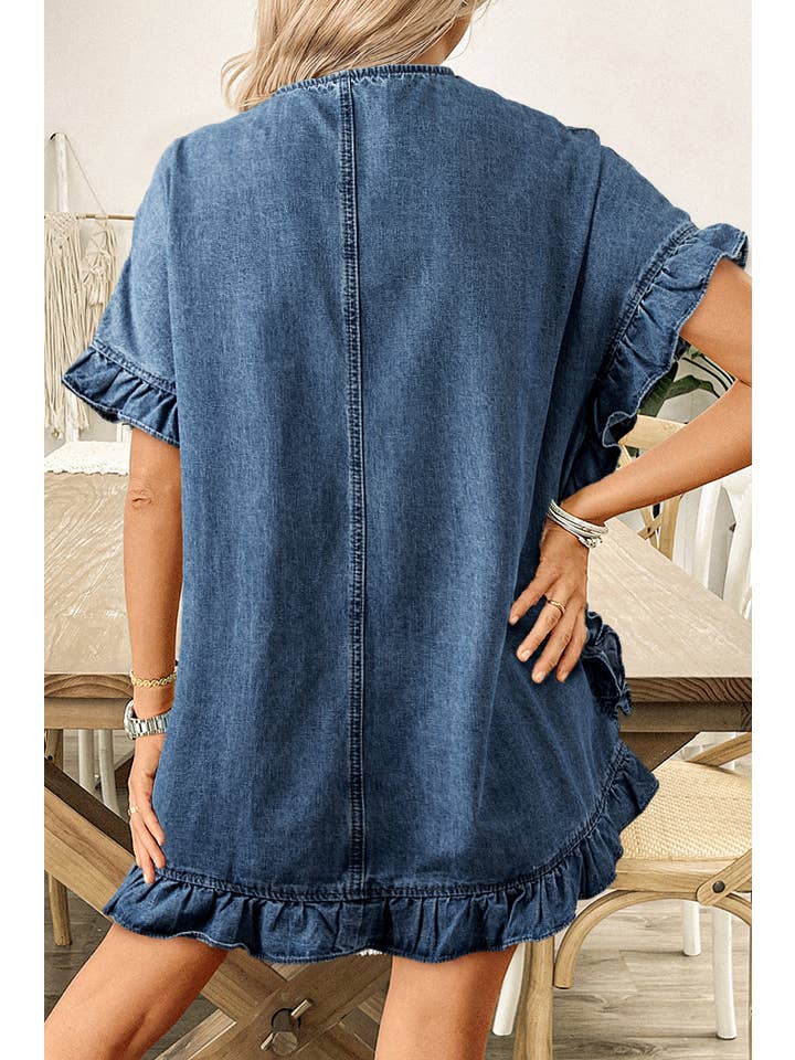 Dusk Blue Chambray Ruffle Hem Half Sleeve Open Loose Kimono for wholesale on Faire1