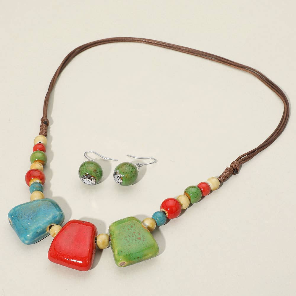 Sensibling Corp. - Wholesale Beaded/Pearl Necklace - Boho Resin Pebble Beaded Adjustable Cord Necklace4