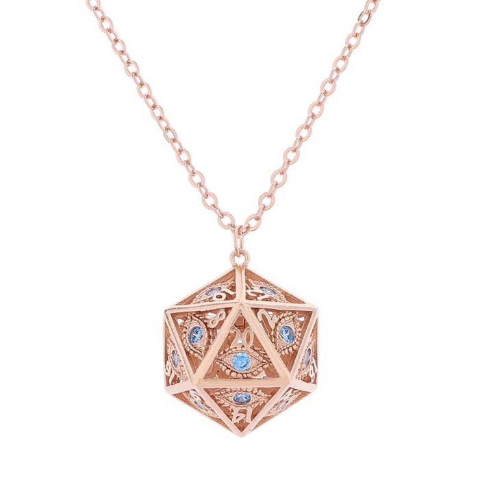 Collier D20 Œil de Dragon HYJ050 - Or Rose avec Pierres Bleues pour la vente par Hymgho Premium Dice