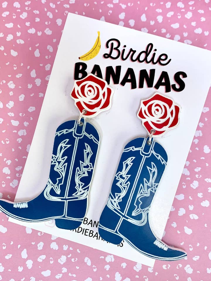 Western Blue Cowgirl Boot Earrings for wholesale by Birdie Bananas