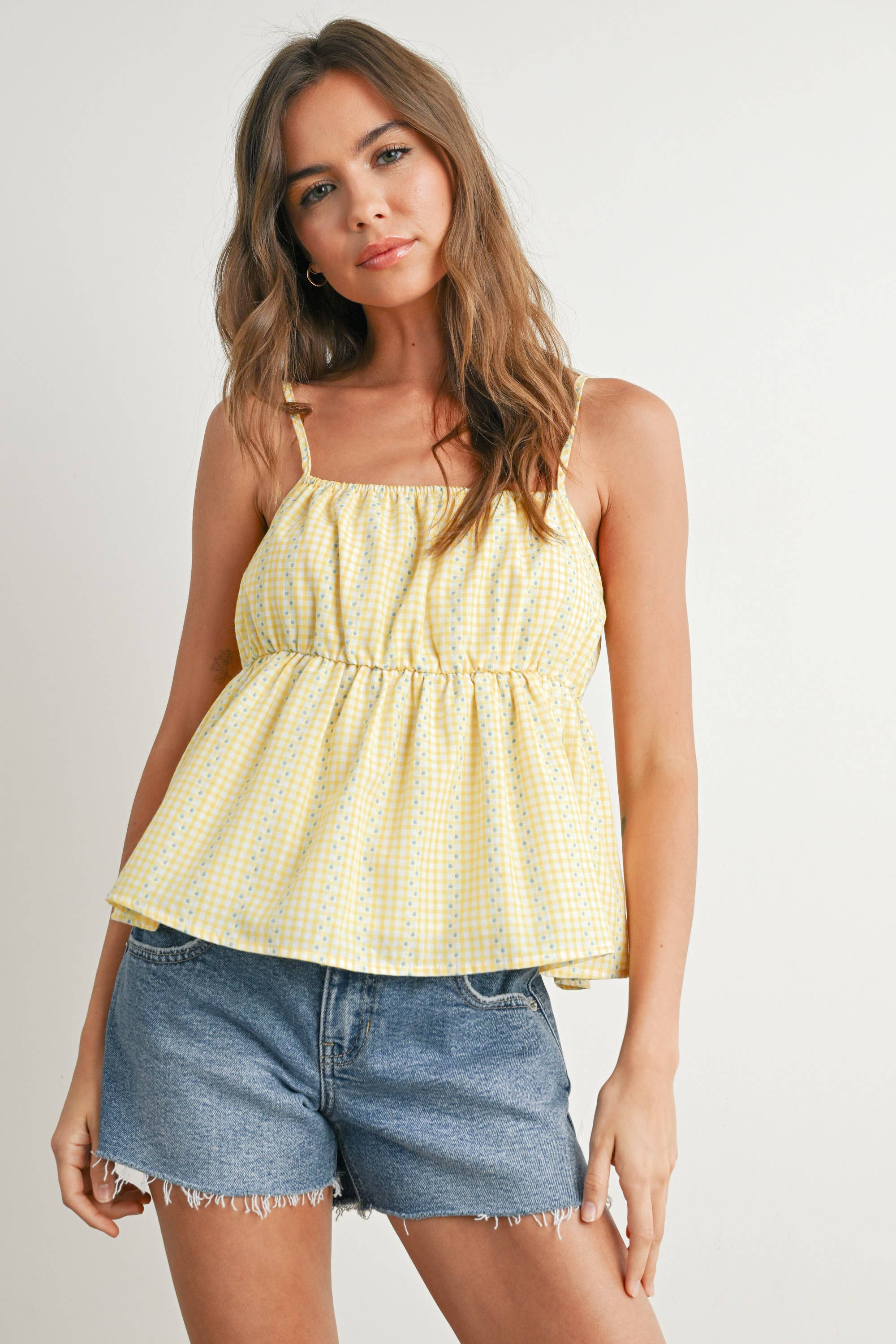 BUTTERMELON - Wholesale Blouse - Women's - Gingham Peplum Top - BMT76266
