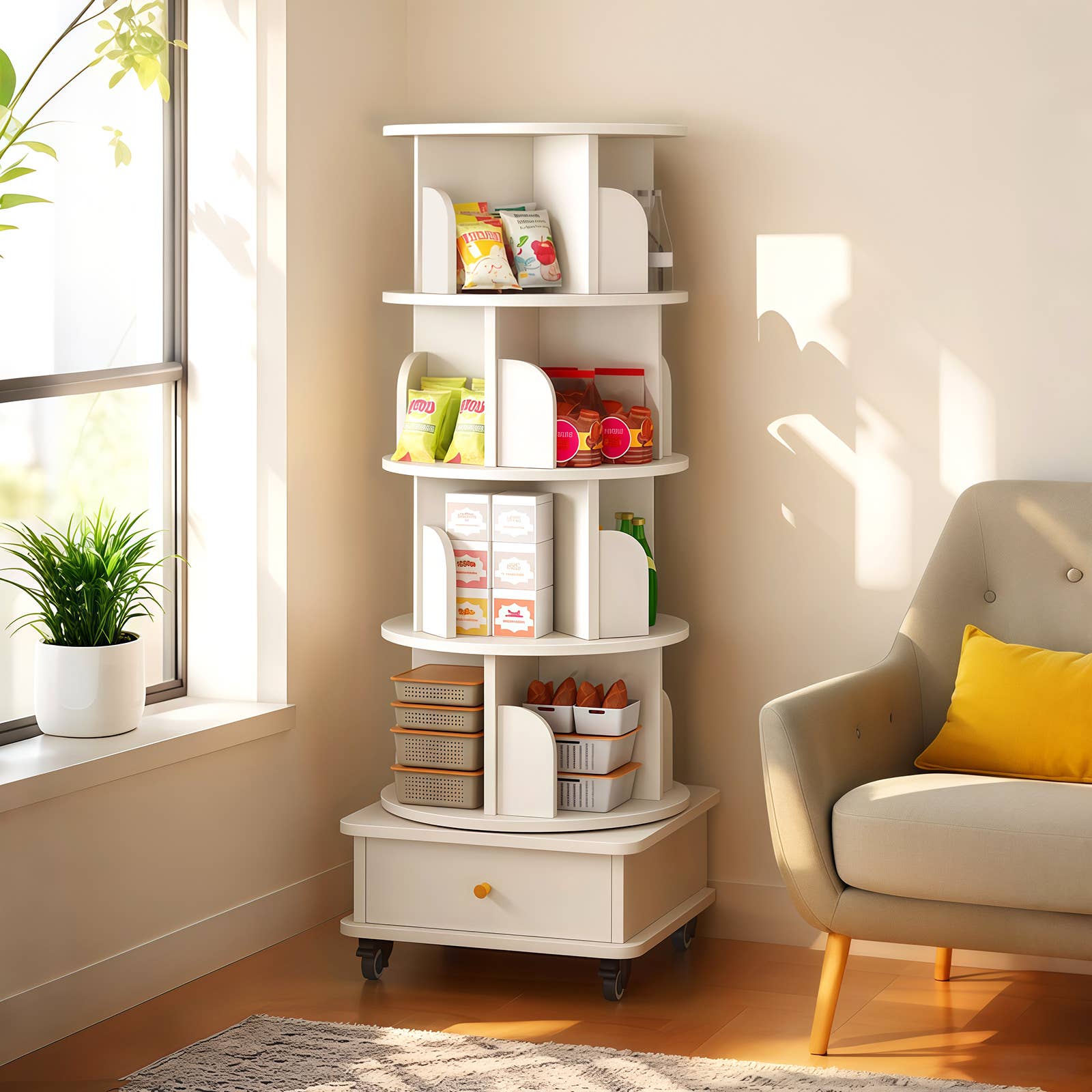 39F Inc. - Wholesale Bookcase - 5/6-Tier 360° Rotating Bookshelf with Drawer, White/Wood15