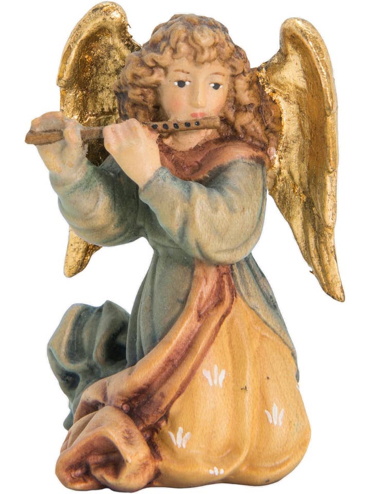 Angelo Musician Kneeling with Hand-Carved Wooden Flute from Val Gardena for wholesale by Dolfi