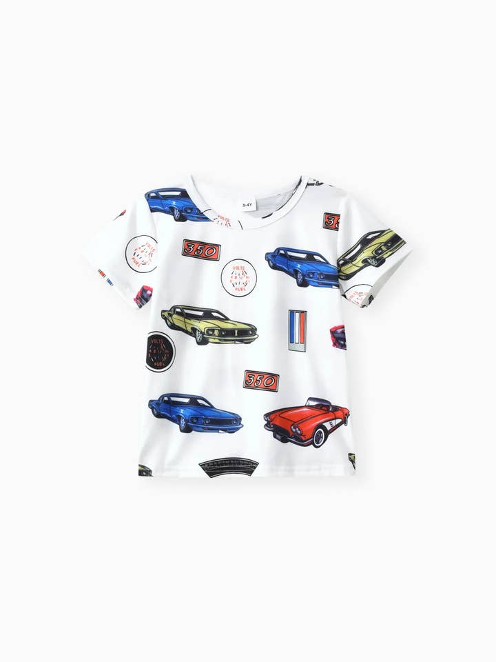 White 2pcs Toddler Boy Car Print T-shirts and Ripped Denim Shorts for wholesale on Faire