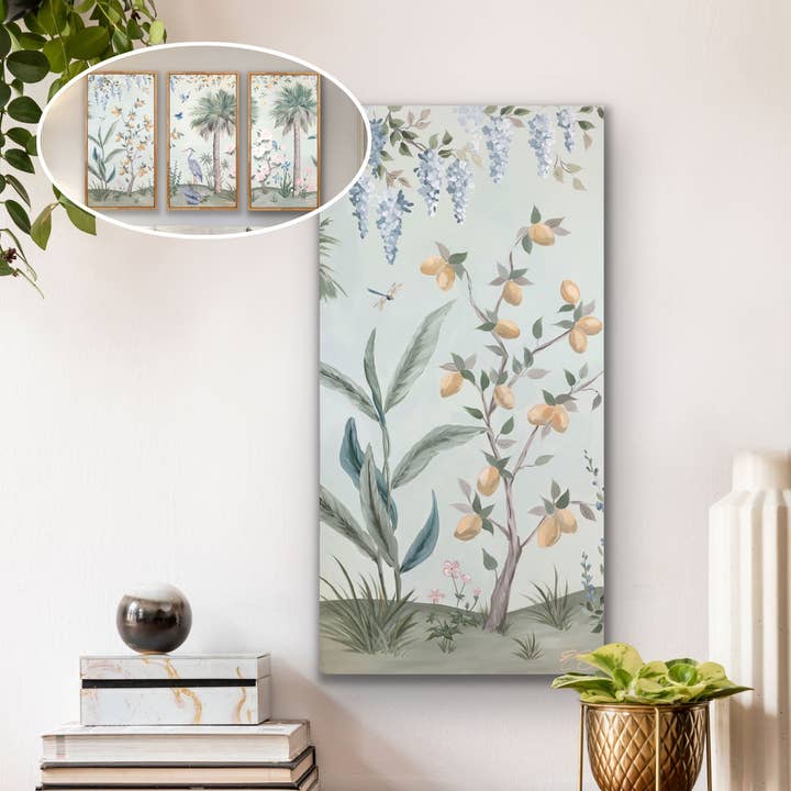 Hazel, a green tropical chinoiserie canvas wrap print for wholesale by Elizabeth Alice Studio