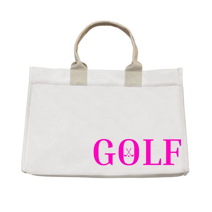 Sac de Chariot de Golf Spécial - Naturel avec GOLF Rose Néon pour la vente par Quilted Koala