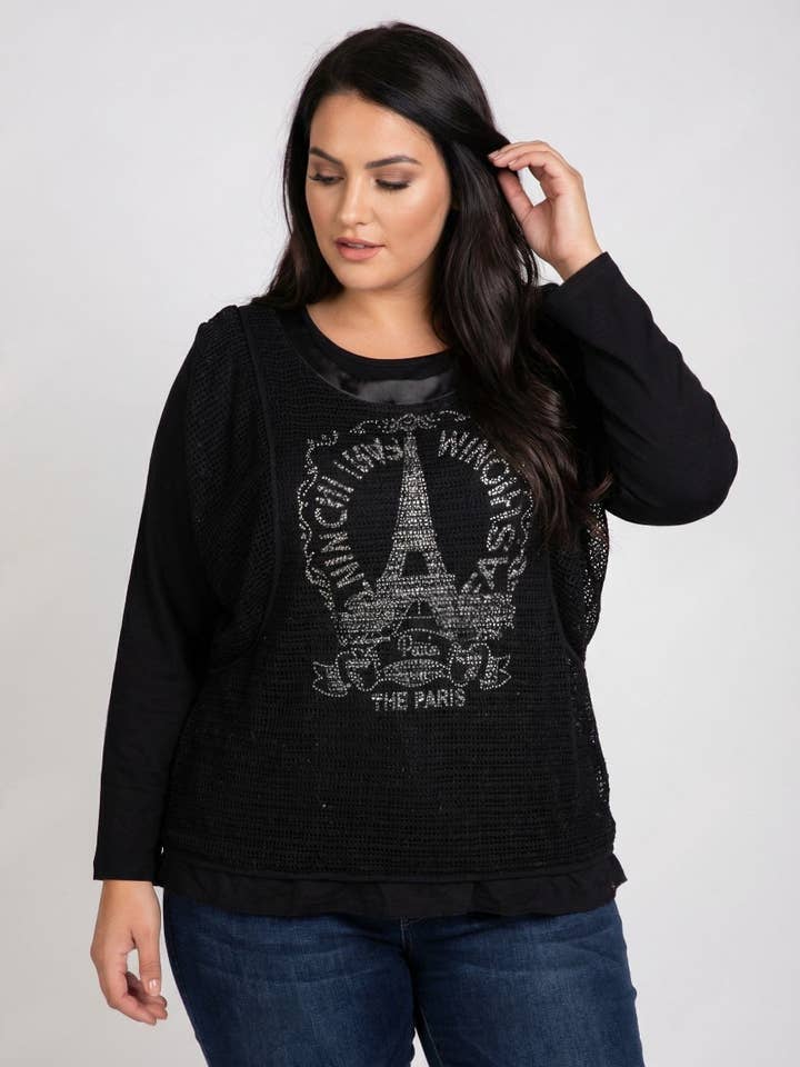 Conjunto de t-shirt estampada + colete rendado tamanho grande (A553) por atacado de Pomme Rouge Paris