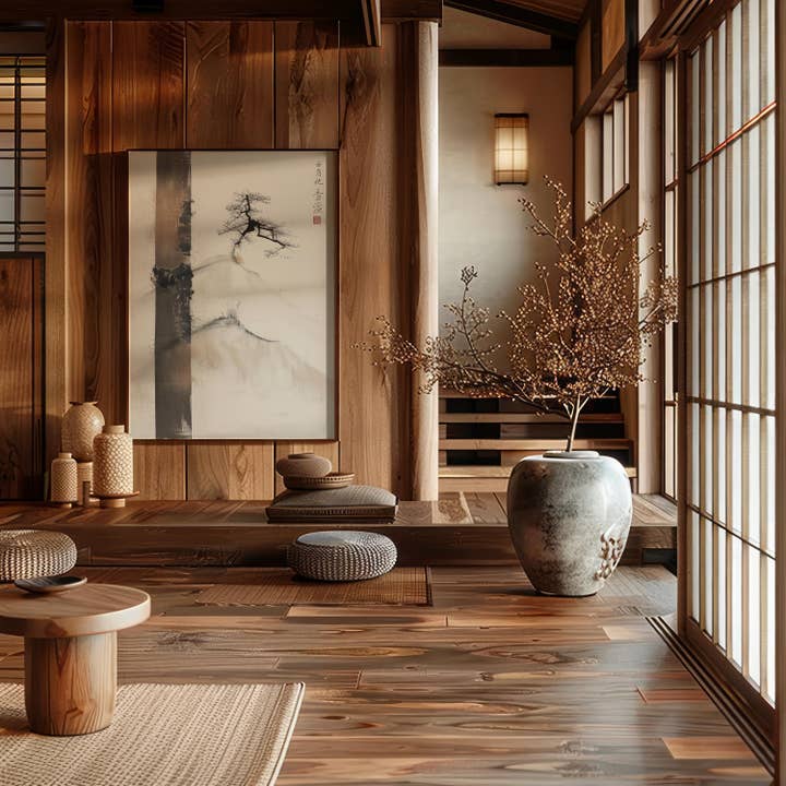 Hviskende fyrretræer | Japandi Zen-kunst | Lærredstryk for engroshandel hos Artsriver