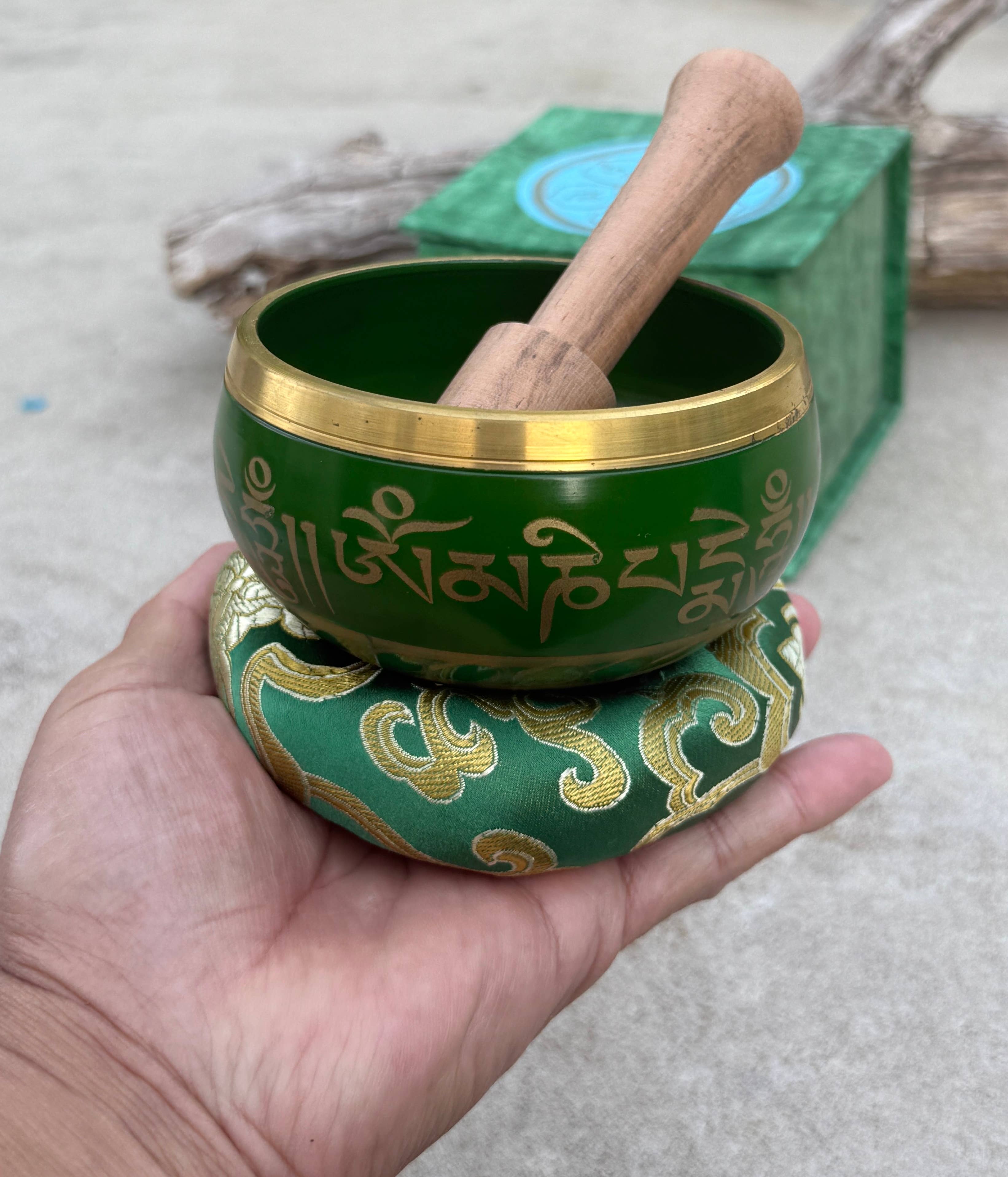 Lungta Imports - Wholesale Meditation Supplies - Tibetan Complete Singing Bowl Gift Box Set with OM Mani Padme Hum Etched Bowl14