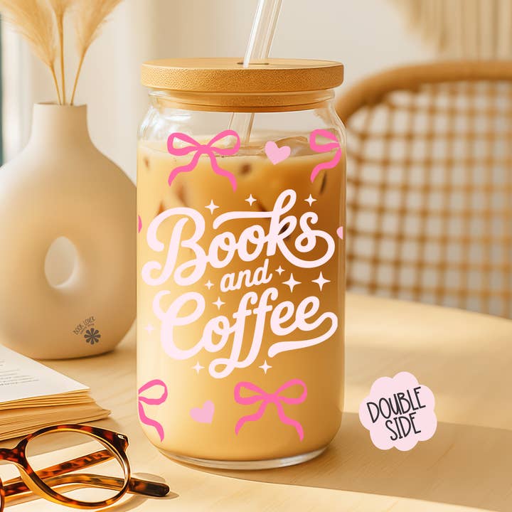 Books and Coffee 16 OZ Glass Can With Lid and Straw for wholesale by Book Lover Merch Shop