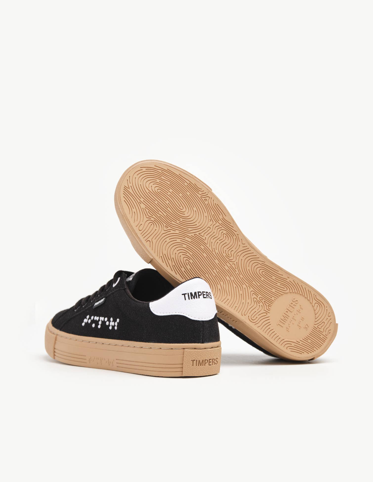 Timpers - Wholesale Lifestyle Sneakers - Unisex - Black Sneakers with Brown Sole | Vegan & Braille Detail1