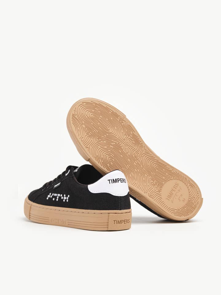 Timpers - Wholesale Lifestyle Sneakers - Unisex - Black Sneakers with Brown Sole | Vegan & Braille Detail1