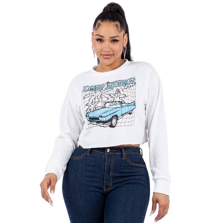 YT4007 Fleece PRS Crew Neck Langærmet Printet Kort Top for engroshandel hos Yellow Cabbage