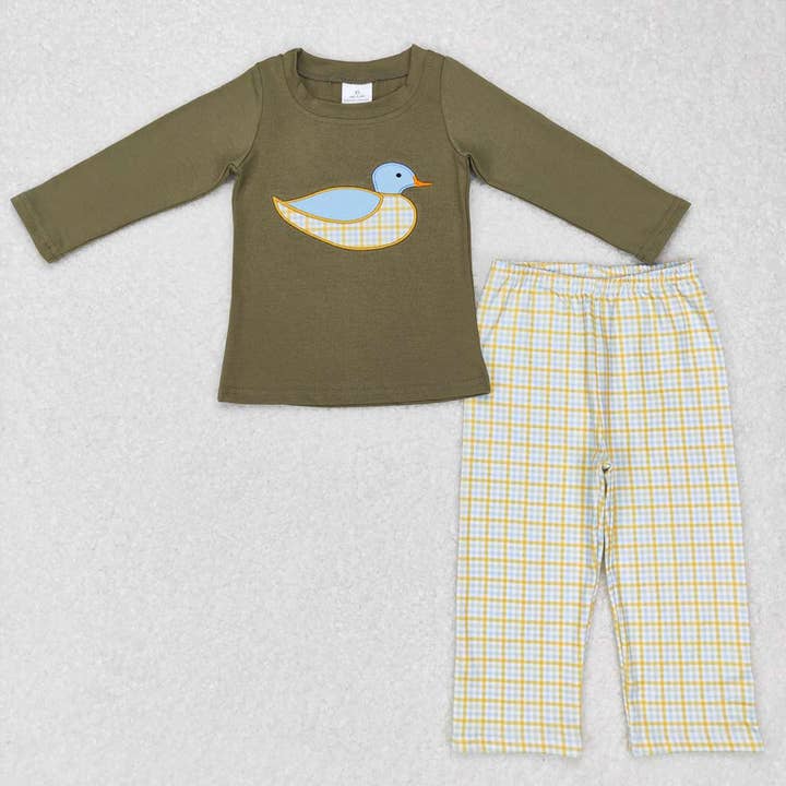 Aier Wholesale - Wholesale Top & Pant Set - Kids - Baby Boys Green Duck Top Gingham Pants Clothes Sets