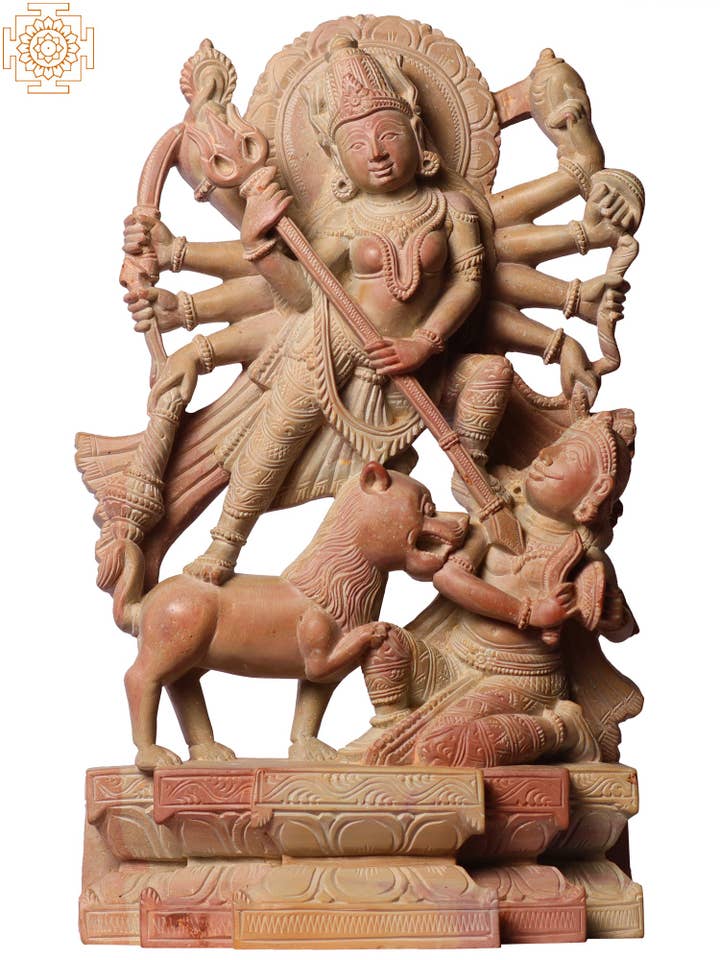 10" Goddess Durga Pink Stone Sculpture for wholesale by Exotic India Art